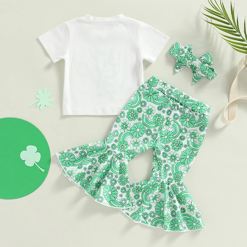 

St Patrick s Day Baby Girl Outfit Toddler Newborn Short Sleeve T-shirt Shamrock Flare Pants Headband 3Pcs Clothes Set