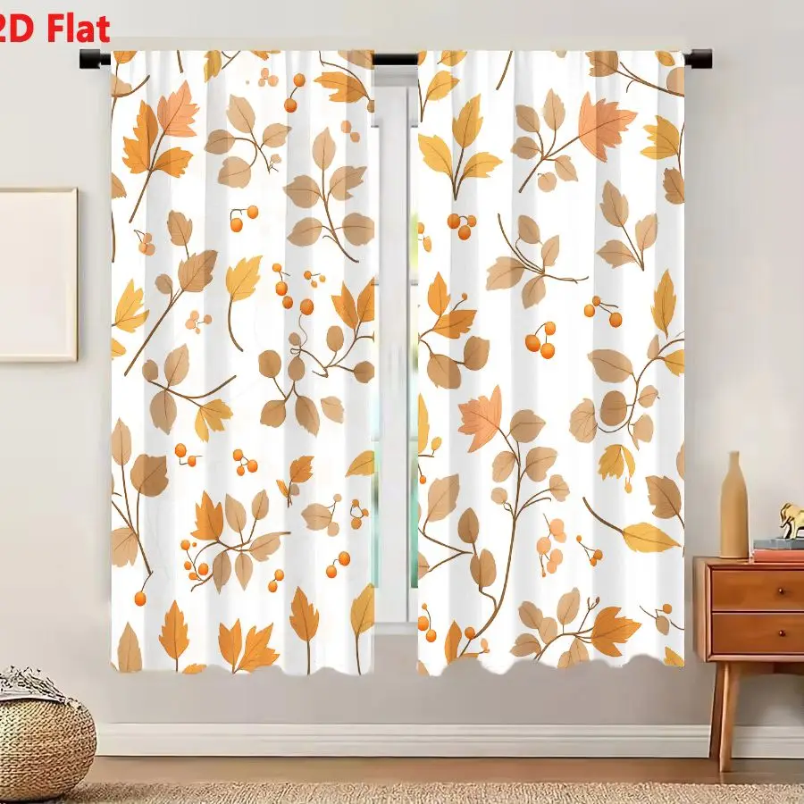 2Pcs Curtains 2D Flat Seamless Pattern With Autumn Leaves And Berries On White Background Window Drapes for Bedroom Room Decor D