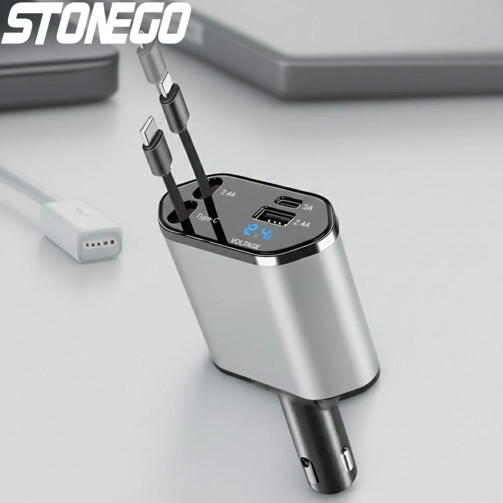 

120W Fast Car Charger Dual USB Adapter Telescopic Cable Cigarette Lighter Splitter Multifunctional Vehicle Power Supply