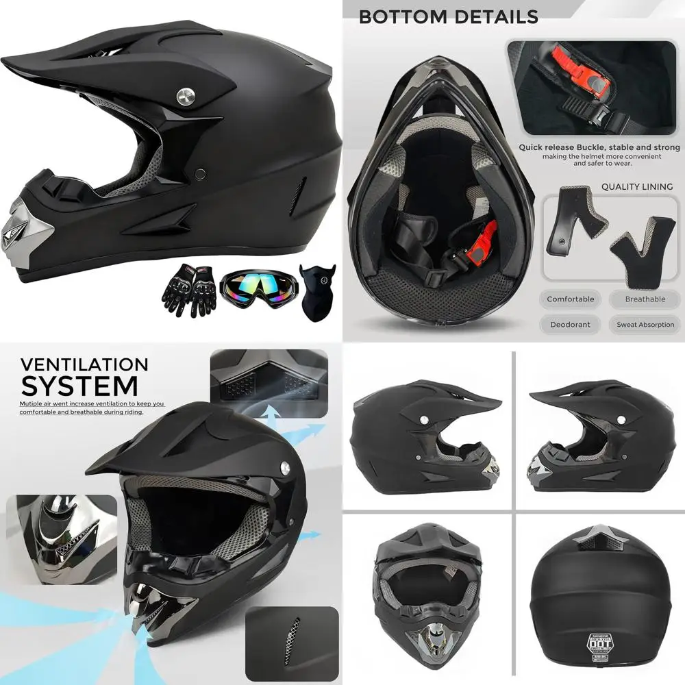 

Youth & Adult Motocross Helmet Set with Gloves, Goggles, and Mask - DOT Certified, Black, XL