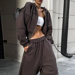 DSMTRC Autumn Winter Outfits High Street Lady Brown Suit Zipper Full Sleeve Hoodies+Low Waist Pants 2Pcs Tracksuit for Woman New