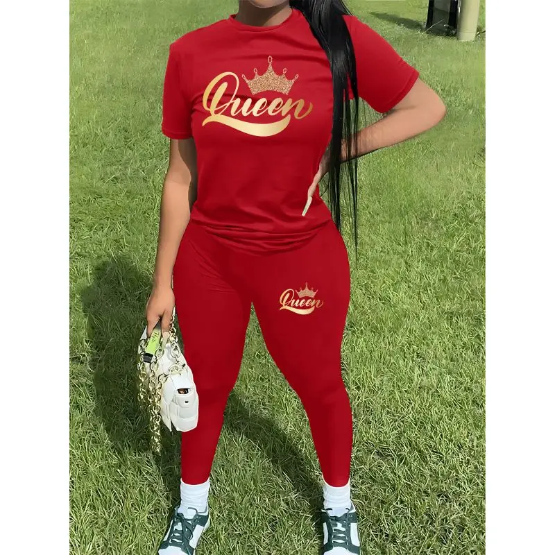 Summer Printed Letter Retro Women Short Pants Ladies Chic Solid T-shirt Pullovers Aesthetic 2 Piece Oversized Outfits