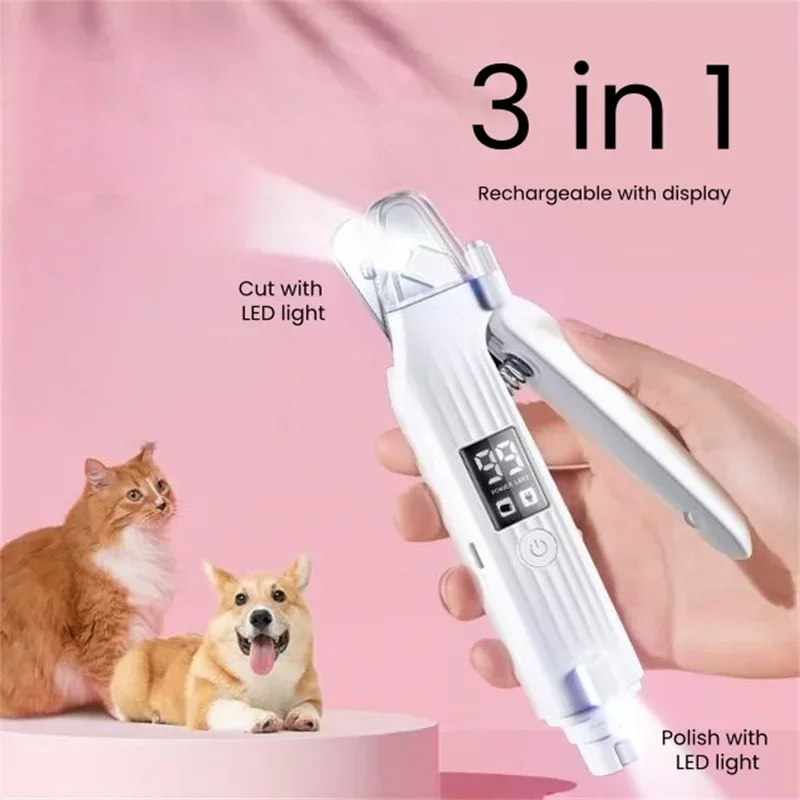 3 In 1 Pet Nail Cutter And Polish Electric with 2 Led Lights Dog Cat Manicure Products USB Rechargeable with Cover Manual File