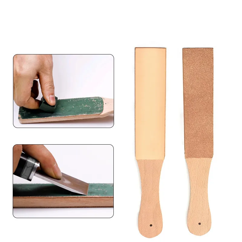 Dual Sided Leather Blade Strop Cutter Razor Sharpener Polishing Wooden Handle Kitchen Knife Sharpener Scissors Sharpening Tool