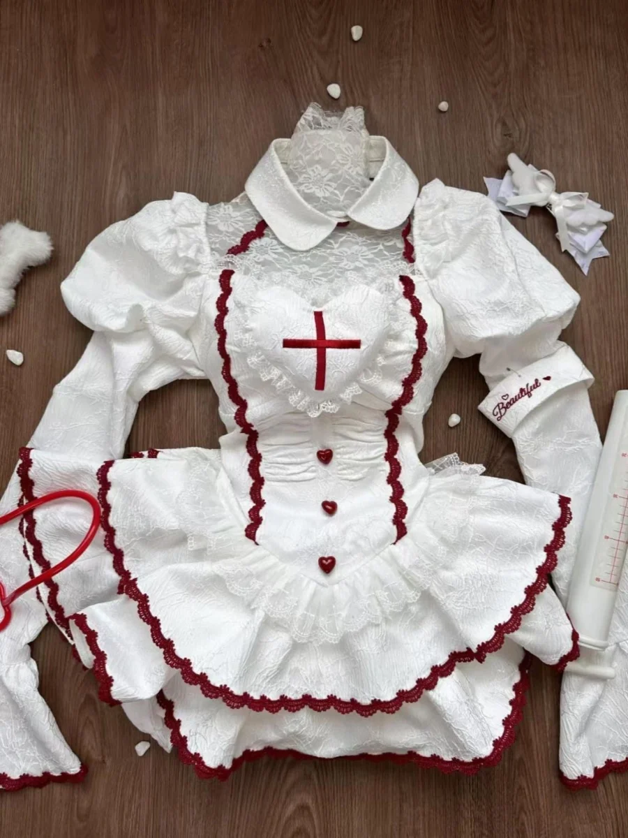 Ladies Cosplay Lolita Dress Female Sweet Nurse Uniform Womens Splicing Sleeves Off Shoulder Slim Fit White Mini Dresses Mujer