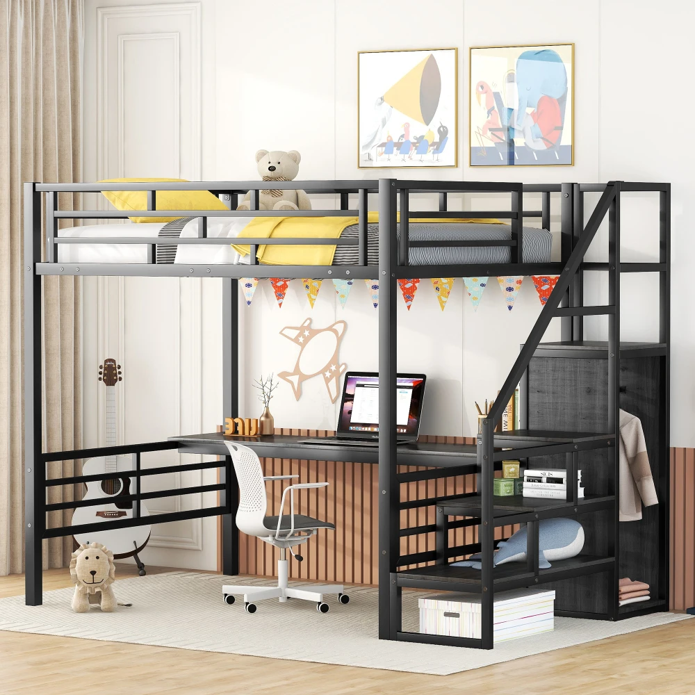 Full Size Loft Bed with Desk Storage Staircase and Wardrobe Storage Stairs Can Be Installed Left and Right Bedroom Furniture