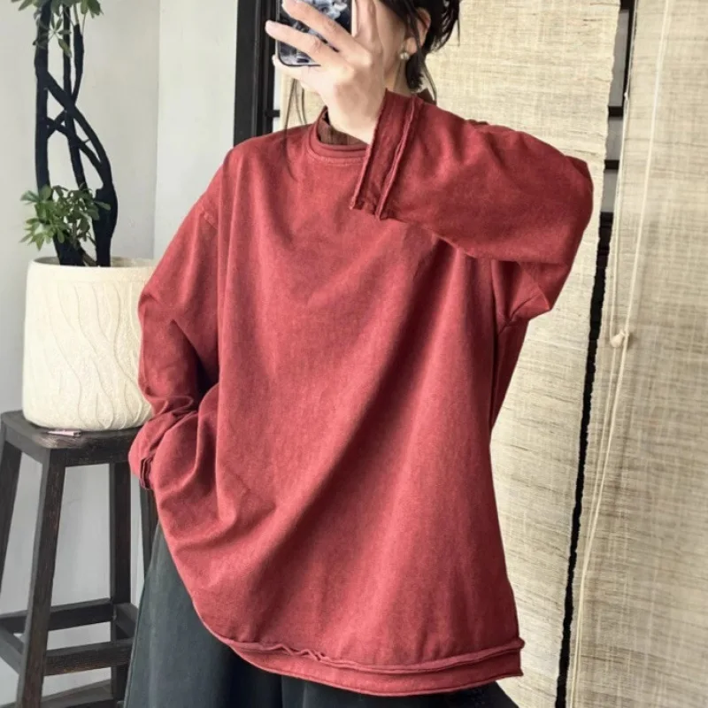 Mass Wasss O넥 용수철 클래식 레저 여성 빈티지 하라주쿠 상의, 느슨한 오버사이즈 티셔츠, 면 럭셔리 의류