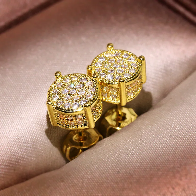 Luxury Gold Color Round CZ Stud Earrings Hip Hop Zircon Stud Earringsfor Women Men Wedding Anniversary Gift Jewelry