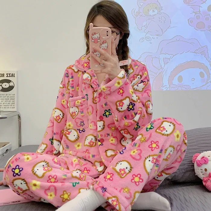 New 2pcs Sanrio Hello Kitty Pajamas Set Girls Winter Flannel Loungewear Women Warm Sleepwear Casual Home Outside Pants Clothes