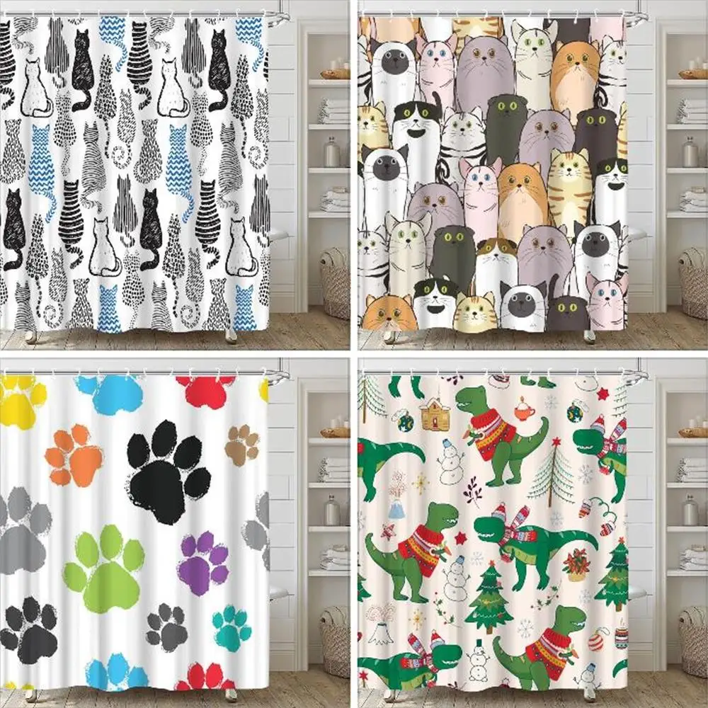 Cartoon Cat bathroom Shower Curtain Funny Animal Footprints Coloured Wooden Panels Children's Hanging Curtain Bathroom Decor Set