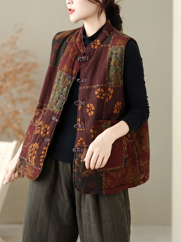 Thickened Cotton Linen Vest Autumn Winter Outerwear Chinese Style Printed Button Warm Artistic Retro Women's Jacket Vest