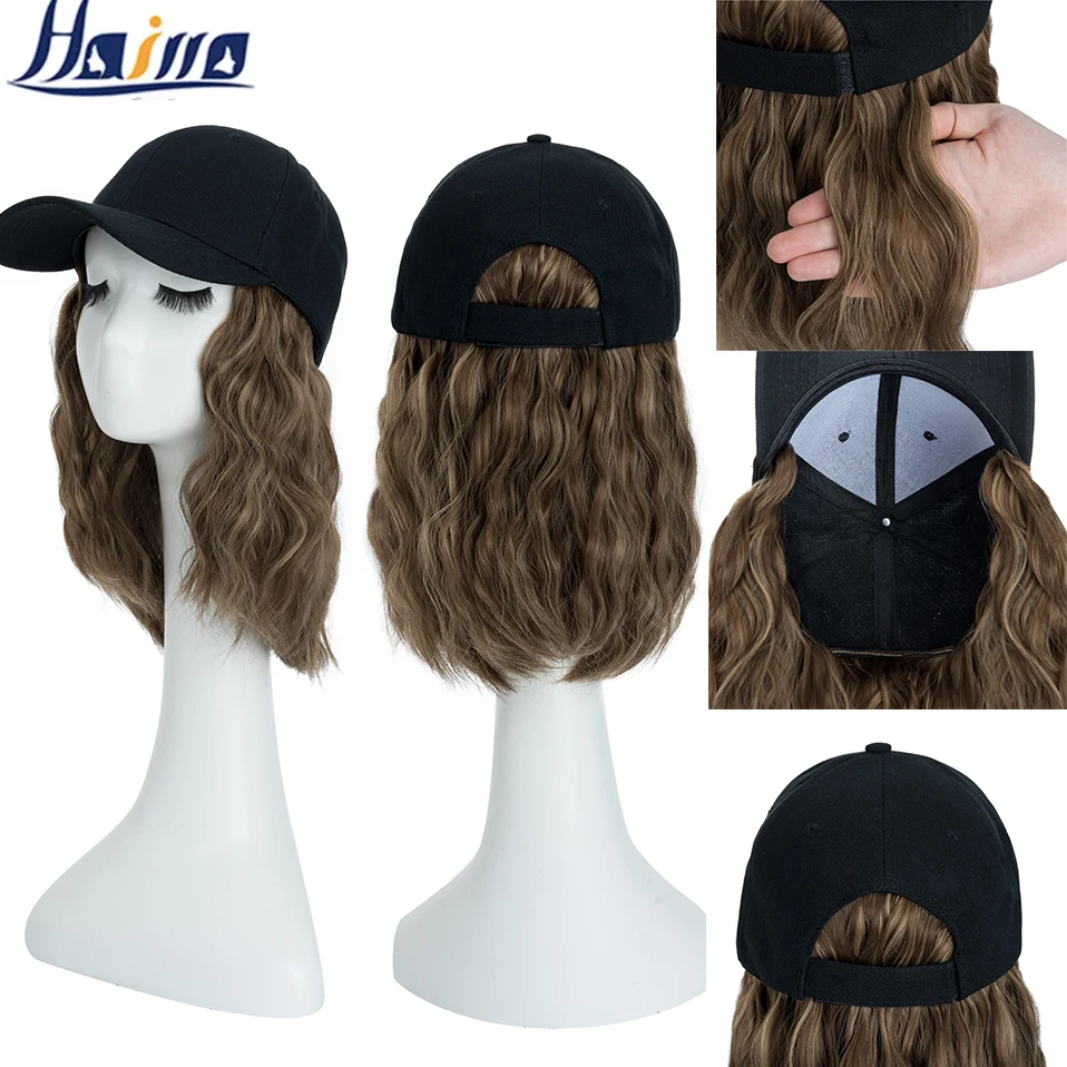 

Hairro Synthetic 9 Colours Bob Wavy Hair with Baseball Cap Hat with Hair Wig Black Pink BOB Hair Short Wigs Extensions for Women