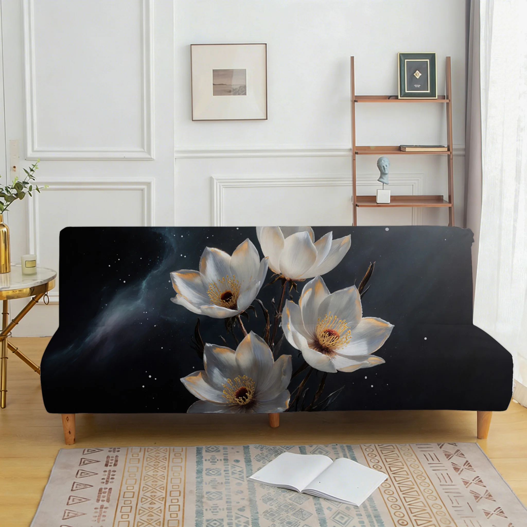 Dark Night White Lotus Stretch Sofa Bed Cover, Living Room Sofa Bed Cover, Dustproof Machine Washable Sofa Bed Cover