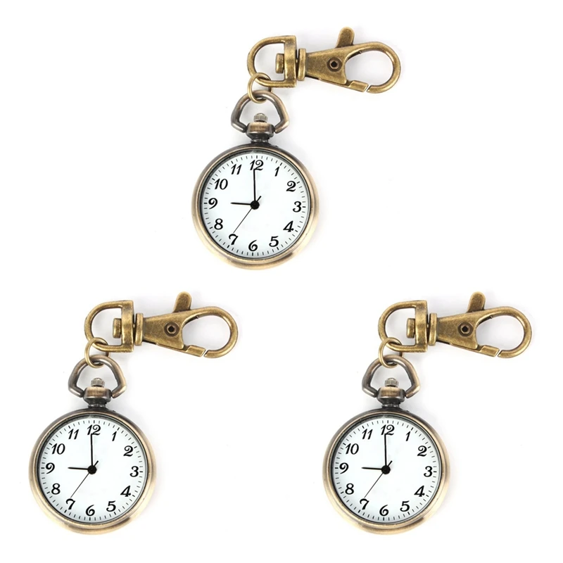 3X Bronze Color Round Pendant Quartz Watch Pocket Keyring Ladies Kids Watch Gift Watch Xmas Gift