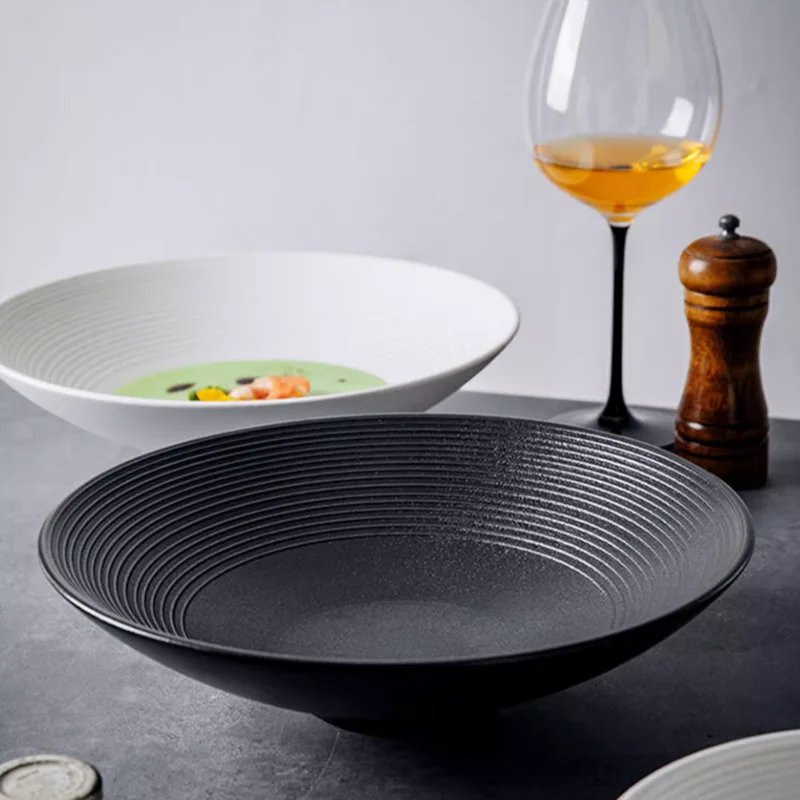 Black and White Ceramic Plate, Soup Plate, Household Noodle Bowl, Frosted Striped Bamboo Hat Bowl, Salad Bowl, Kitchenware