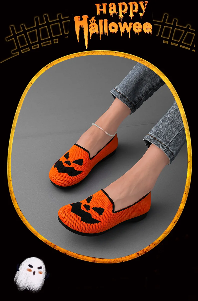 Damen-Halloween-Kürbisgesicht-Strickflachschuhe, atmungsaktive einteilige Slipper, leichte Freizeit-Party-Schuhe – Detail 12