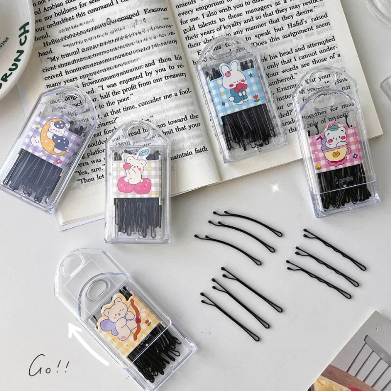 30pcs/lot Women\'s Boxed Metal Bobby Pin Barrette Black Straight Wave Hairpins Korean Versatile Bangs Hair Clips for Children New