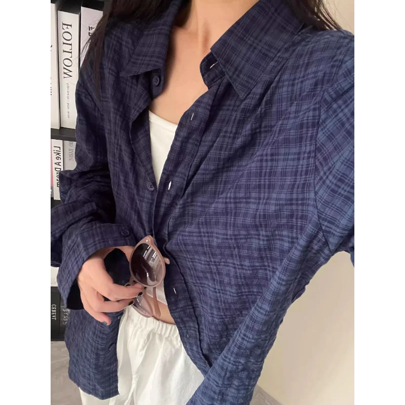 

Women's New Spliced POLO Collar Button Plaid Fashion Loose Versatile Casual Long-sleeved Shirts