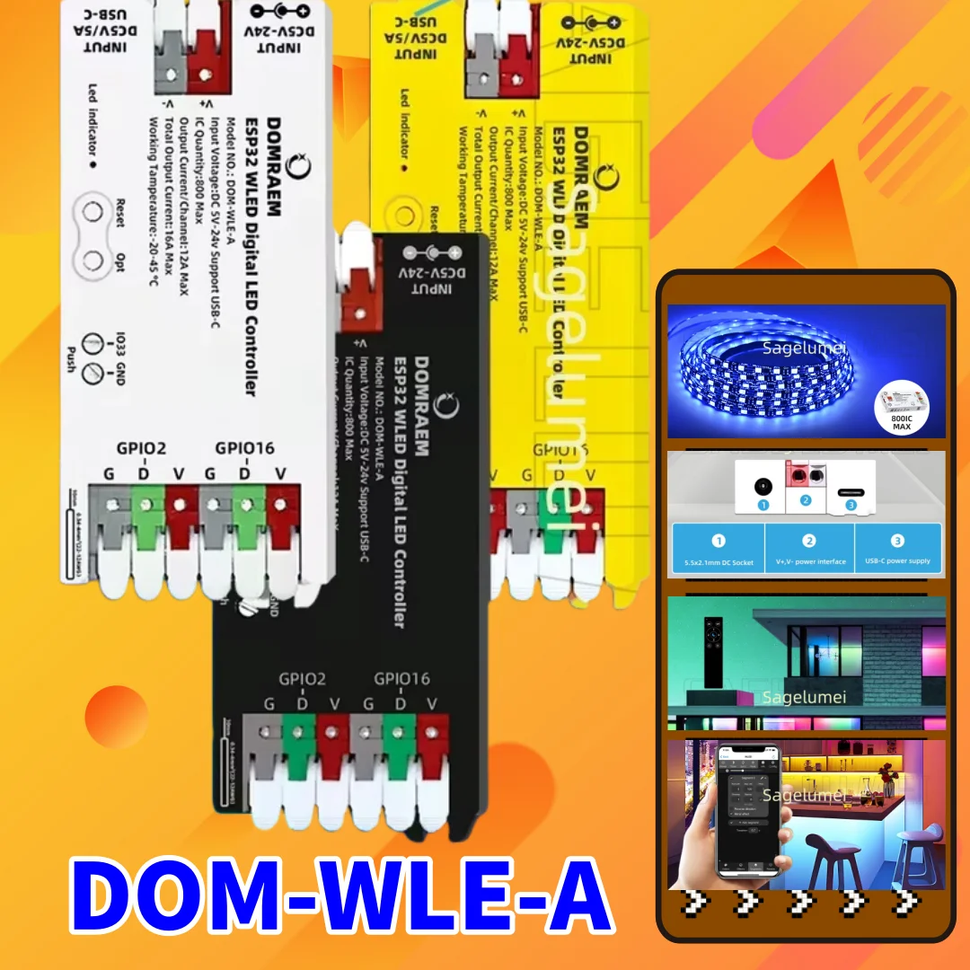 

DOMRAEM ESP32 USB-C WLED Цифровой светодиодный контроллер RGB IC DIY APP Предохранитель 16А Работает с полосой HA/MQTT/Alex WS2811/12B/14/05 Sk6812