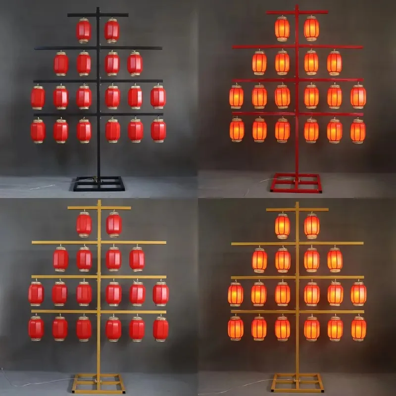 Metal Chinese Screen Design with Red Lantern Han Tang Traditional Wedding Aisle Decorative Column Ceremonial Utensils