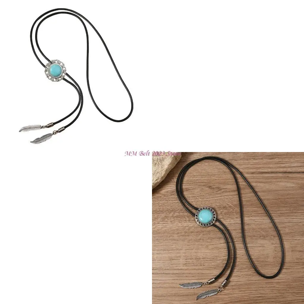 

49ME Винтажный бирюзовый галстук-боло, кожаный галстук, ожерелье, рубашка с перьями, цепочка