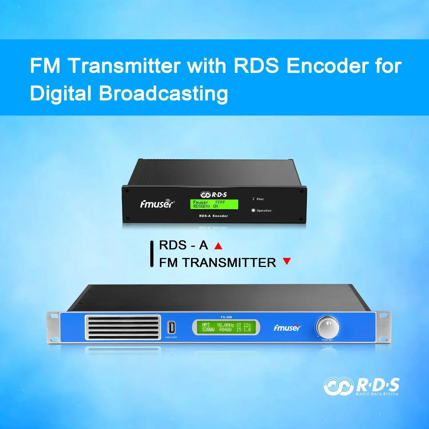 FMUSER FU-200A 200W Transmissor FM Broadcaster FM + Antena CP100 circularmente polarizada + Codificador RDS para estação de rádio