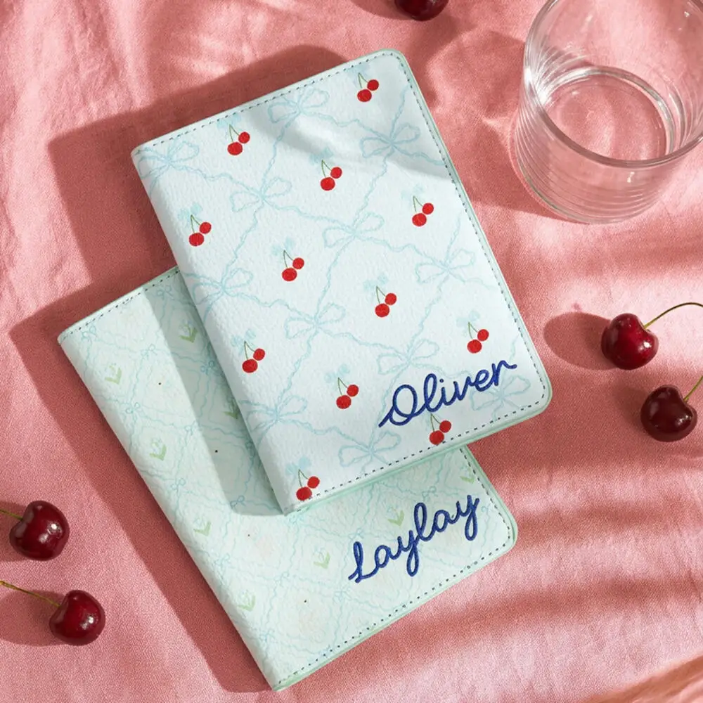 Personalized Embroidered Name Cherry Bow Pattern Passport Case Custom Pu Leather Travel Document Holder Credit Card Slots Wallet