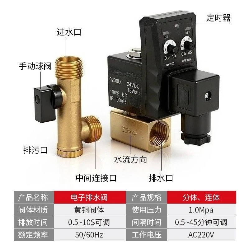 Air compressor electronic drain valve automatic switch timing solenoid water valve