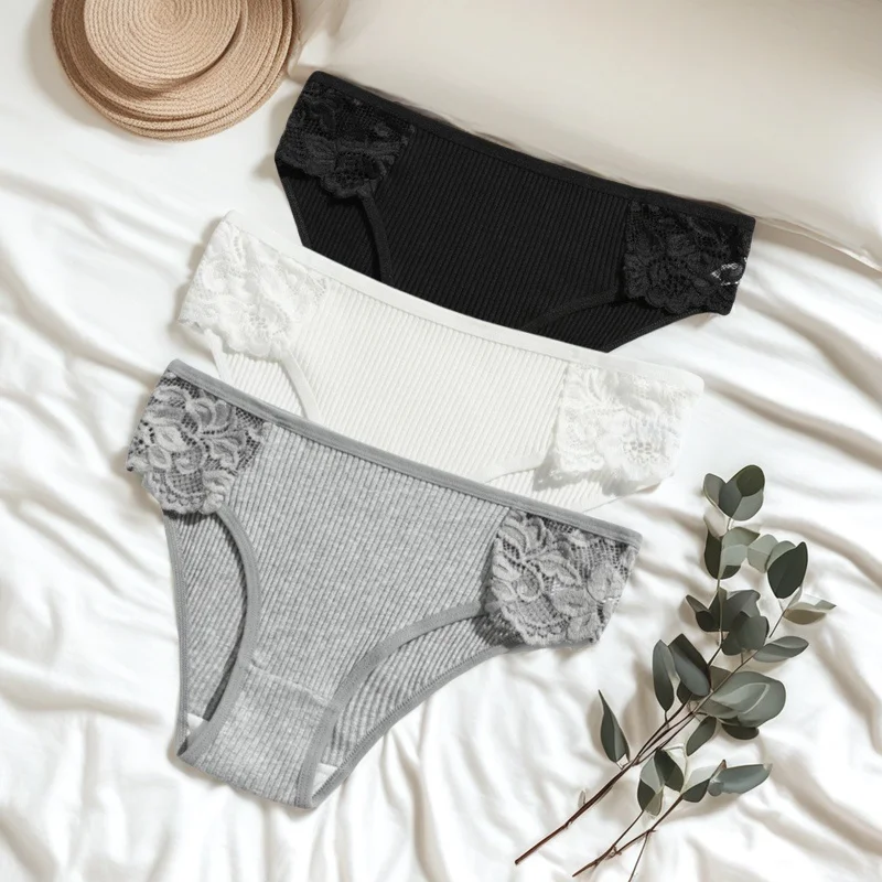 3 ks/sada dámských bavlněných kalhotek s nízkým pasem, spodní prádlo, patchworkové krajkové kalhotky, dámské měkké kalhotky, sexy spodní prádlo, velikost S-XL - náhled 2