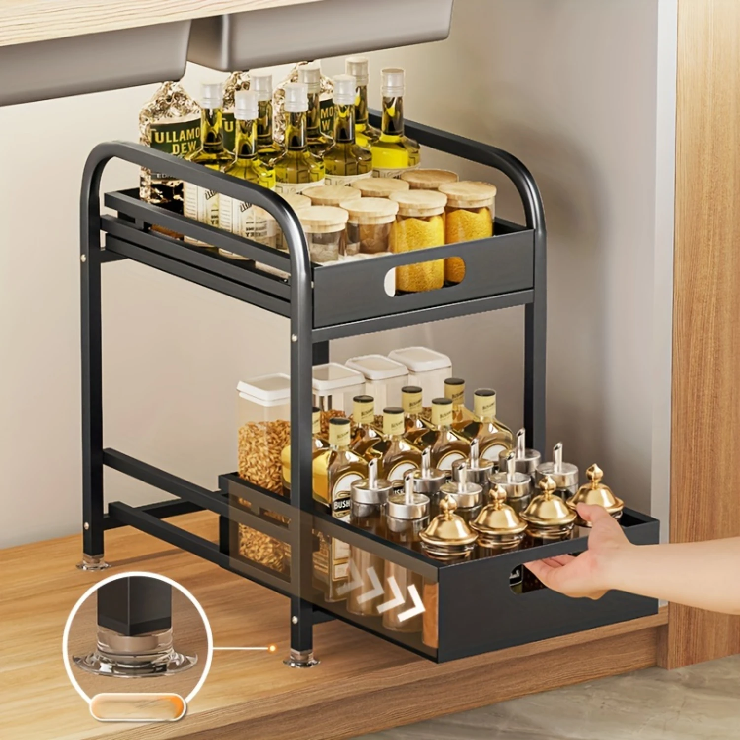 

1pc 2 Tier Pull Out Sliding Cabinet Organizer, Under Sink Cabinets With Sliding Drawer, Kitchen Countertop Basket, Multi-Purpos