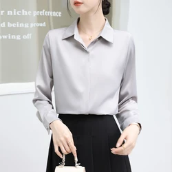 Simplicity Solid Satin Silk Shirts For Women Classic Vintage Office Lady All-Match Blue Apricot White Blouse Casual Tops Women