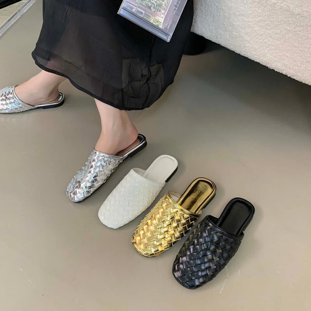 

Women's Braided Flat Sandals Fashion Woven Round Closed Toe Slip On Slides Beach Sandals Slippers Mules For Summer