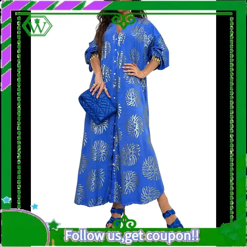 A18P-Abito Boho da donna con stampa floreale, spacco laterale, profondo scollo a V, maniche corte, maxi abito a trapezio, maxi abiti fluidi