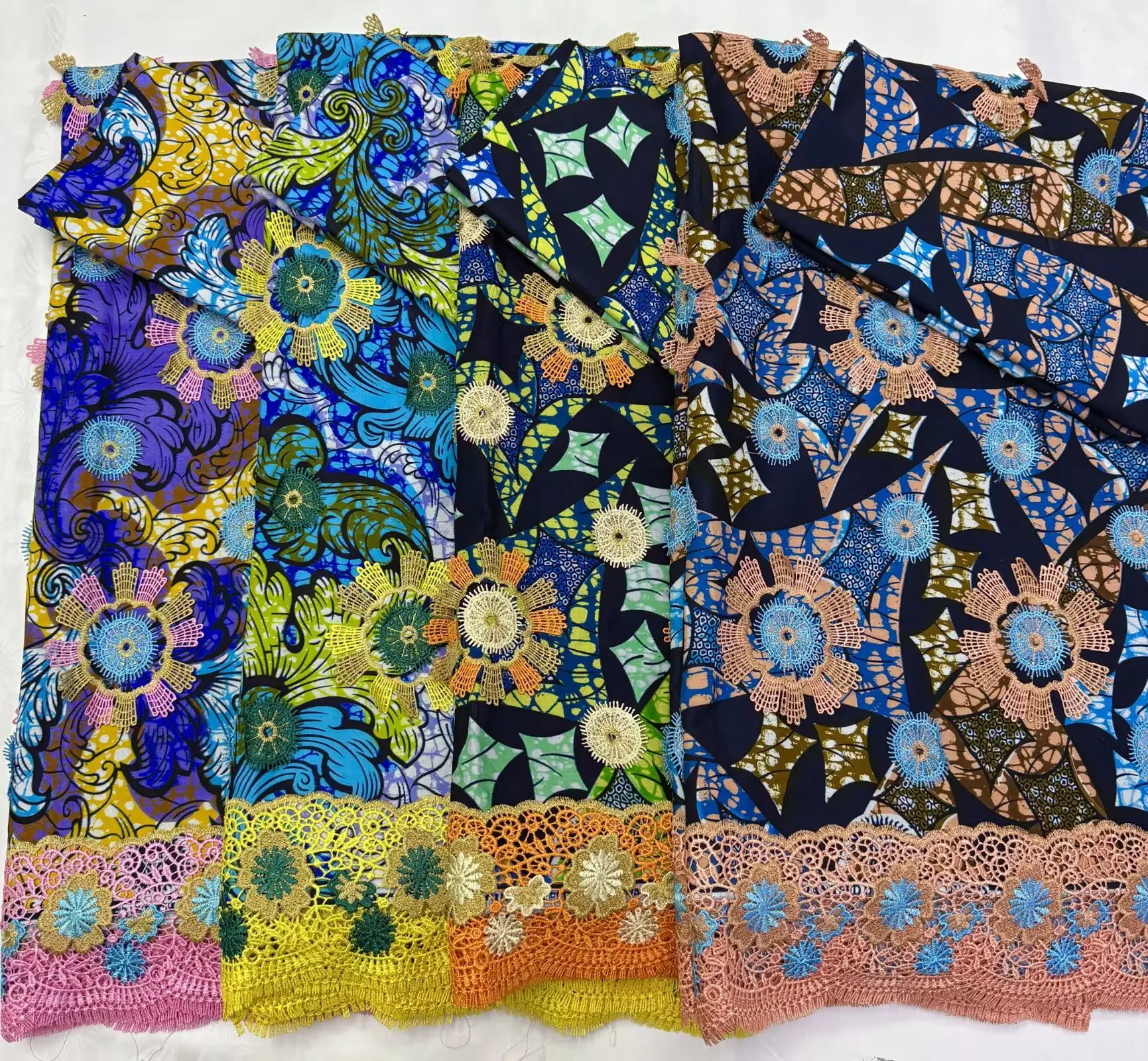   Renda Applique Vlisco Ultra Mewah 3 + 2Yard Kain Lilin Ankara Berat Afrika 3D Tali Bordir Penuh Bahan Renda Katun Lilin