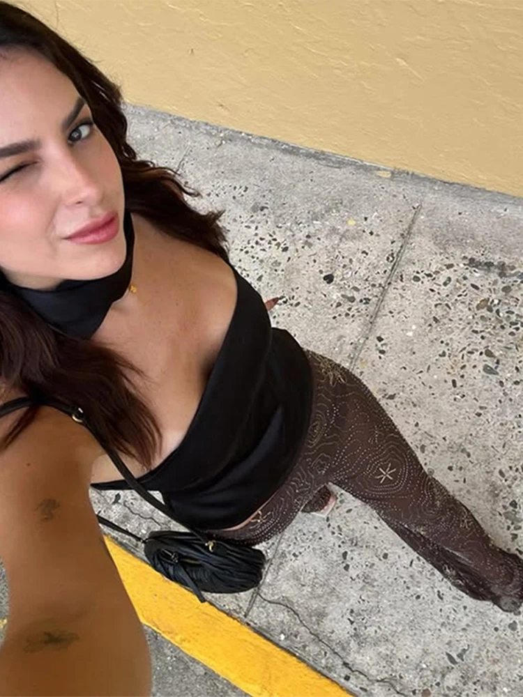 Pantaloni ricamati con perline Moda donna Paillettes Pantaloni dritti larghi sottili trasparenti 2025 Summer Party Club Lady Streetwears