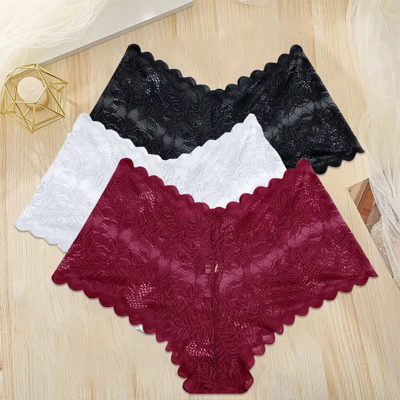 Finetoo 3pcs Frauen Blumen hohle Spitze Höschen niedrige Taille Slips sexy Dessous Hosen Unterhosen weibliche Unterwäsche intimates
