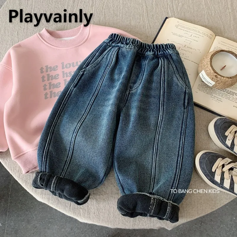 

Новинка 2023 года, осенне-зимние детские утепленные флисовые джинсы для мальчиков и девочек, лоскутные свободные джинсовые брюки, детские модные теплые брюки H0627