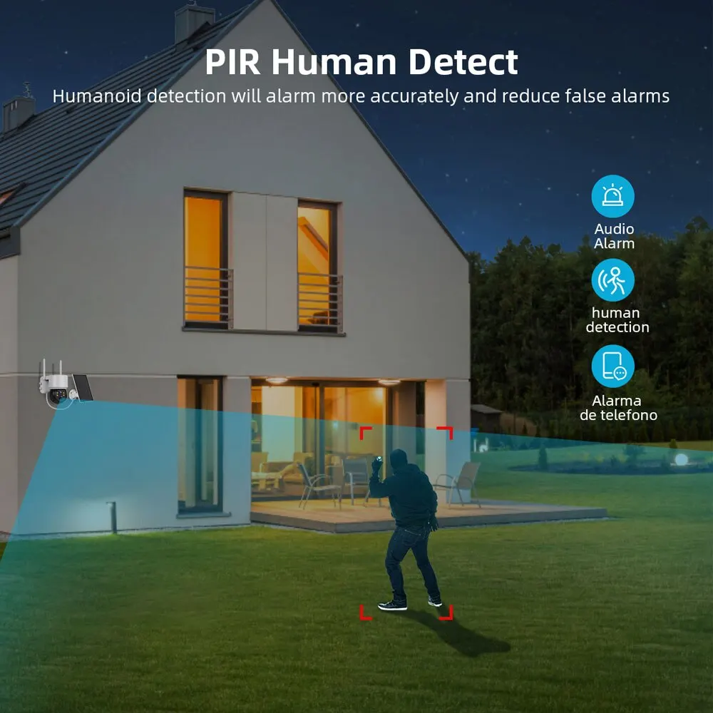 Caméra de surveillance extérieure solaire PTZ HD 4MP, dispositif de sécurité sans fil, étanche, avec panneau solaire, vision nocturne PIR et poignées humaines