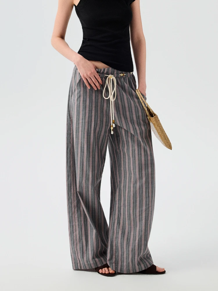 

Летние каникулы, контрастные цвета, расшитая бисером на талии, веревка, полосатые широкие брюки, повседневные брюки, женские темпераментные брюки