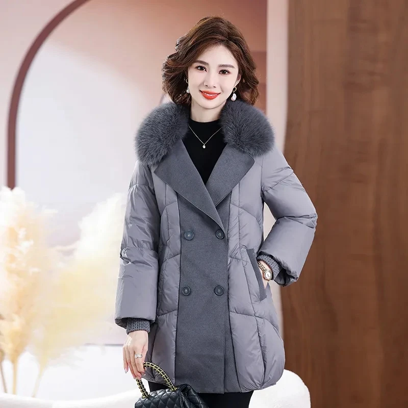 

New Winter Women Coat White Duck Down Jacket Women's Winter 2023 New Patchwork Woolen Coat Fashion Mid length Outerwear