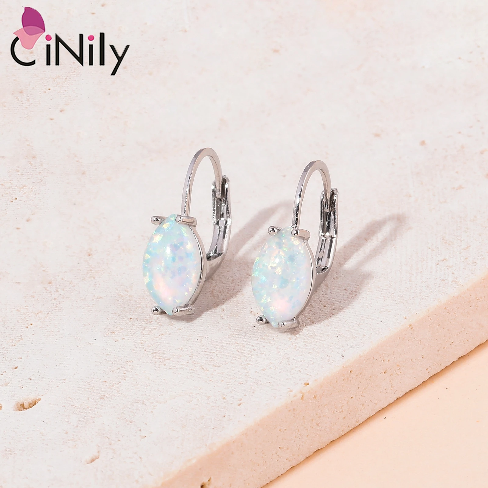 CiNily Created White/Blue/Black Fire Opal Hoop Earrings for Women Girls Silver Color Marquise Shaped Hoop Earring Trendy Jewelry