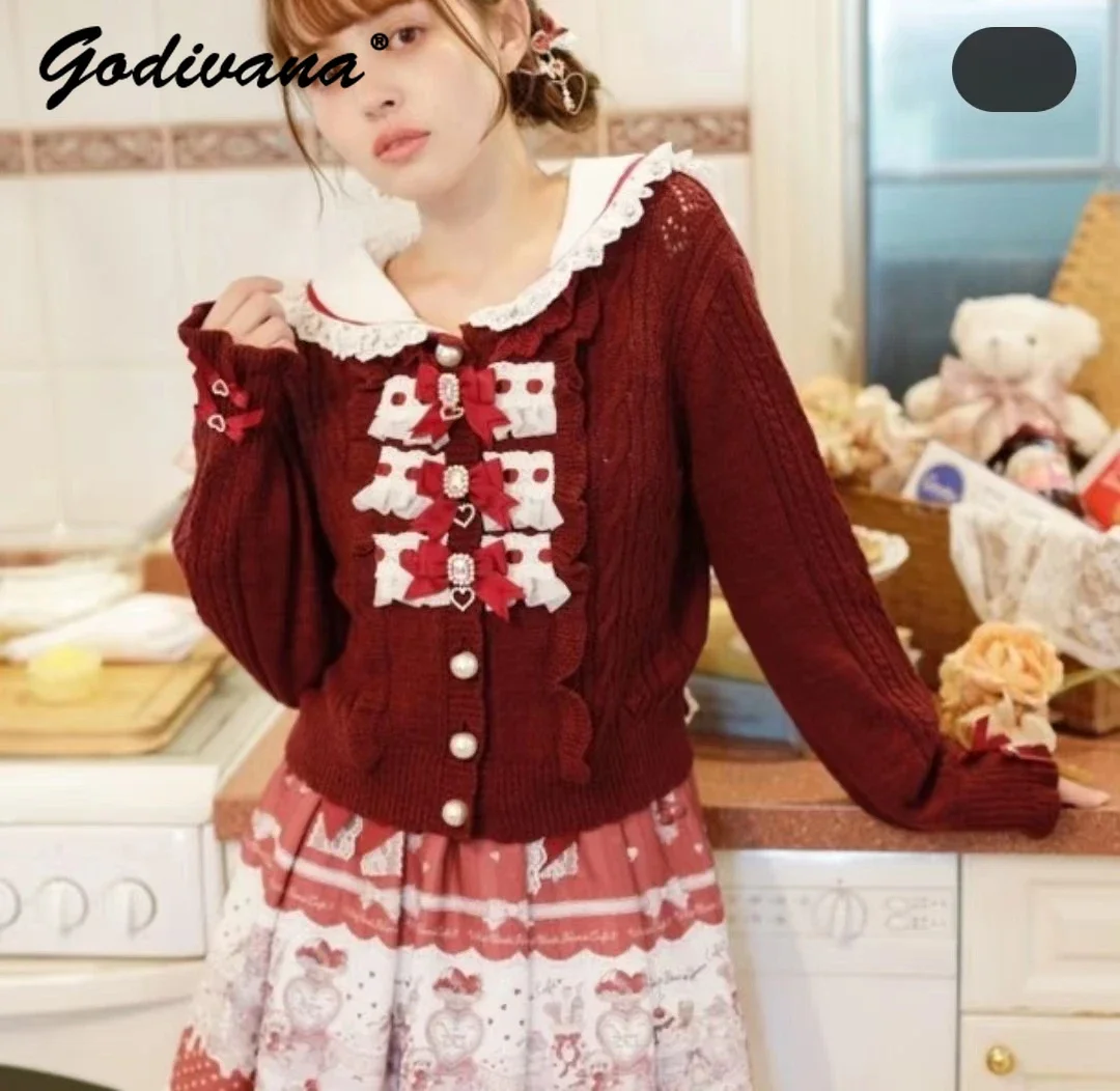 

Japanese Style Mine Series Knitwear Autumn Winter Women's Sweet Rhinestone Bowknot Lolita Knit Sweater Girls Tops