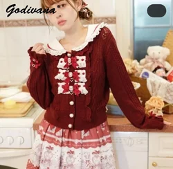 Japanese Style Mine Series Knitwear Autumn Winter Women's Sweet Rhinestone Bowknot Lolita Knit Sweater Girls Tops