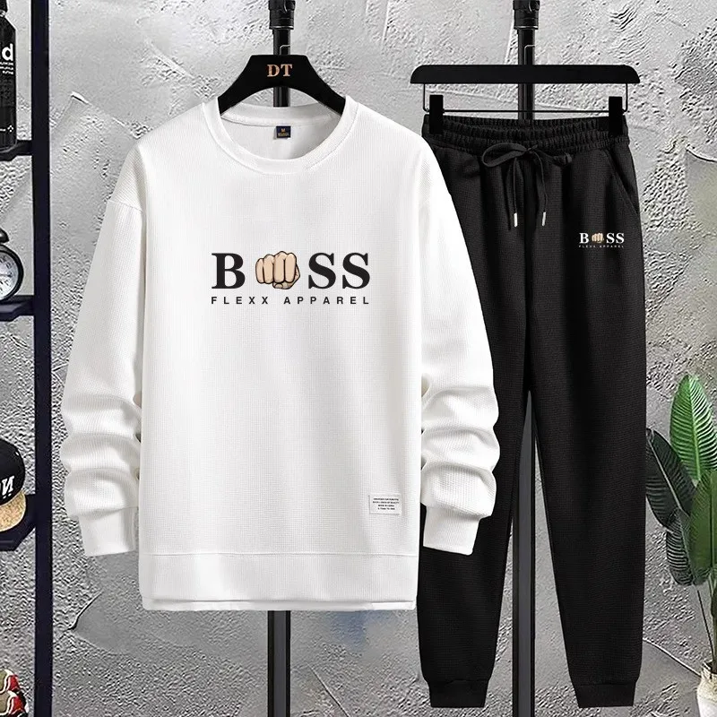 2024 Fashion Men Suit Long Sleeve T Shirt 2 Piece Sets Printed Tracksuit Set Men\'s Clothes Trend Retro Streetwear