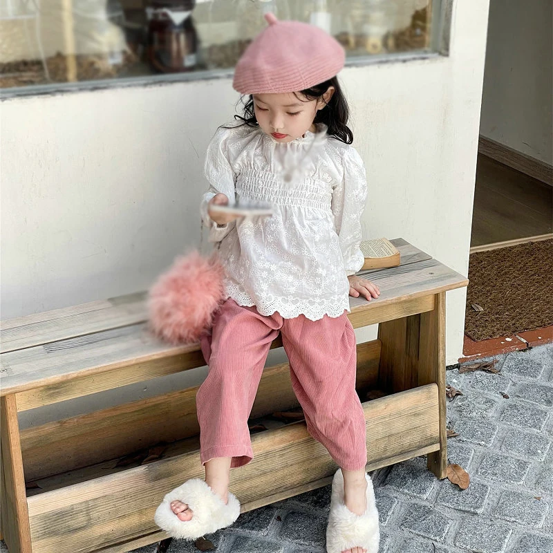 Children\'s Spring And Autumn Kids Girls Lace White Blouse Bubble Sleeve Doll Shirt Pants 2 Pieces Girls Loose Cotton Shirts 2-9Y