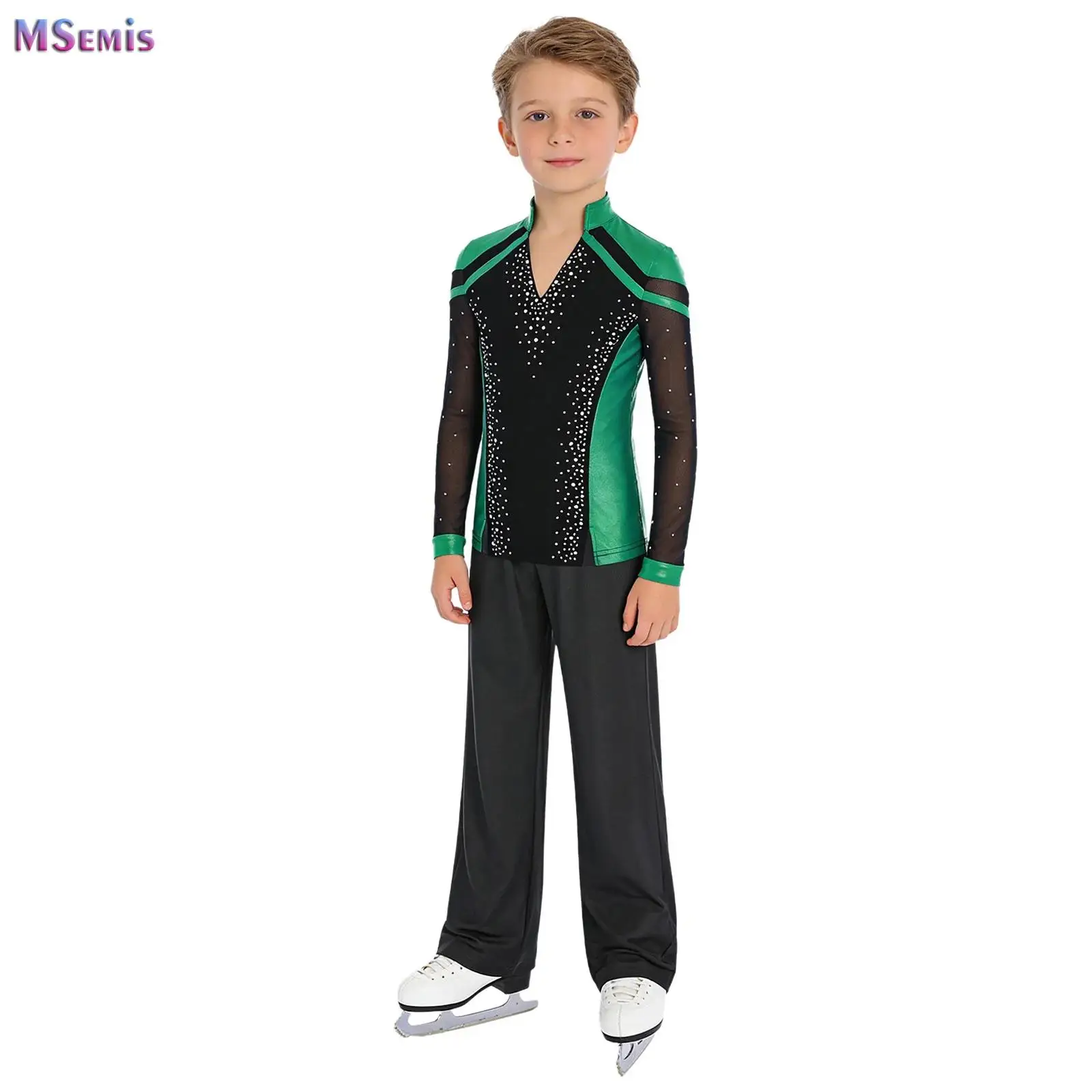 

Kids Boys Figure Skating Outfits Latin Dance Tops with Pants Suit for Jazz Ballet Gymnastics Competition Performance Costume