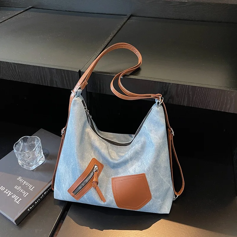 

Denim Backpack Fashion Patchwork Design Shoulder Bag Large Capacity Versatile Commuter Tote Bag Crossbody Girl Tote Handbag