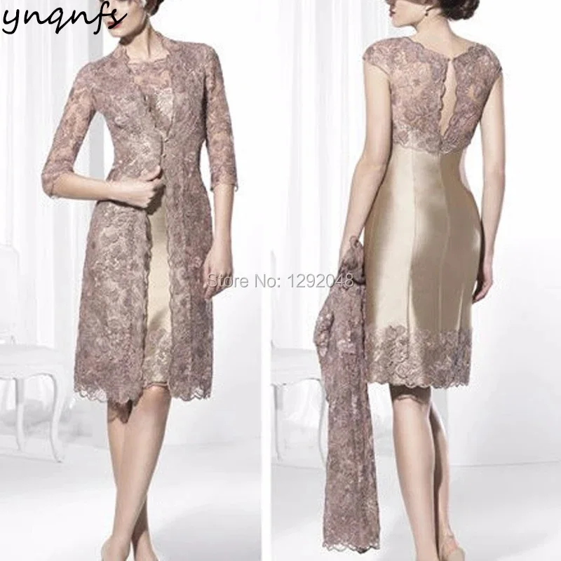 

YNQNFS M92 Sheat Satin Two Piece Mother of the Bride Gown with Lace Jacket Groom Outfits Champagne Wedding Party Guest Dress