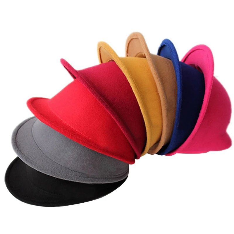 New Lovely Kids Boys Girls for Cat Ear Fedora Solid Bowler Wool Felt Ha