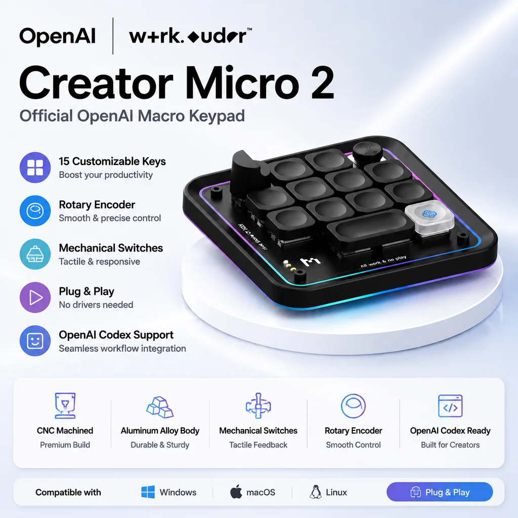 zFrontier Creator Micro 2 WorkLouder Creative Controllera Built‑in AI, PS Keyboard, Low‑profile switches With Rotary Knob